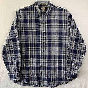 LL Bean Long Sleeve Shirt Men L Wrinkle Resistant Blue Gray Plaid Cotton Casual